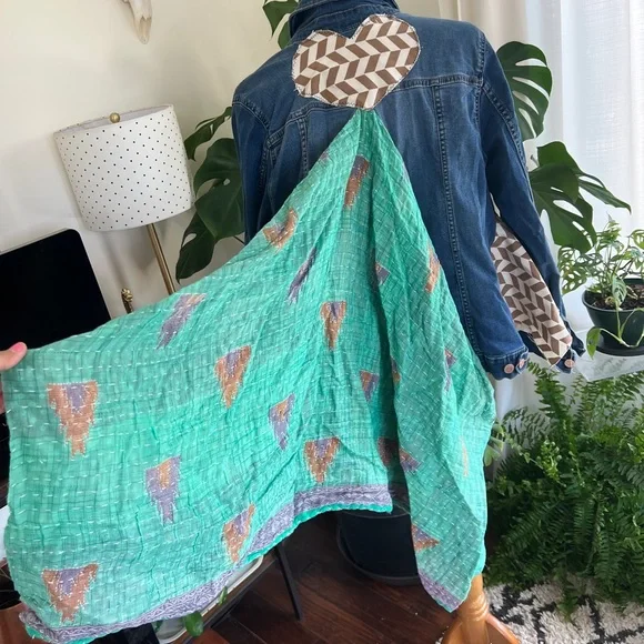 Wild Hope Upcycled Green Patterned Kantha Stretch Jean Jacket M - Picture 10 of 14